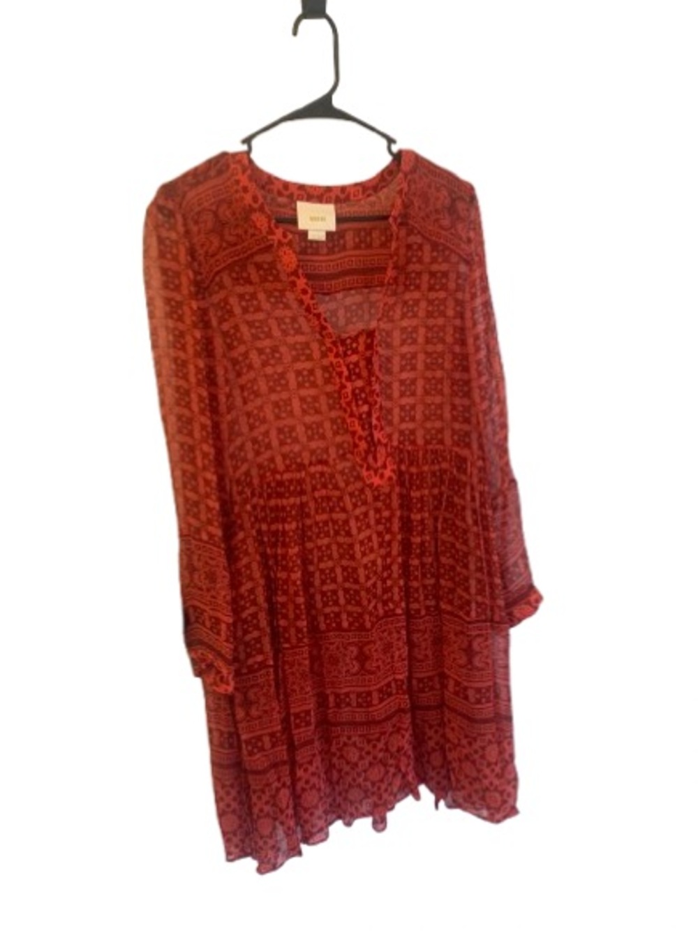 Maeve Anthropologie Boho Tunic Dress Red Orange Print Size 12